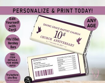 Church Anniversary ANY COLORS EDITABLE Hershey Candy Bar Wrappers, Change Colors, Church Service, Church Candy Bar label, Religious, CC7