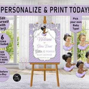 Glitter & Pearls Lavender Welcome Baby Shower Sign, Lavender Silver, Baby Shower Sign,Welcome Poster, Girl Baby Shower, Girl, Sign, A08, A09
