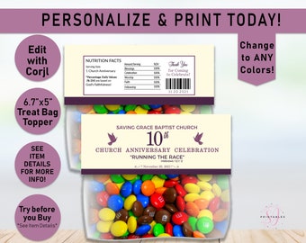 Church Anniversary ANY COLORS EDITABLE treat Bag Toppers, Treat Topper, Church. Church service, Religious, Bag label, snack, treat bag, CC7