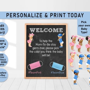 Wear your color mask sign, Baseball Gender Reveal mask sign,Baseball or Bows gender reveal party, team pink, team blue, masks, he or she,R10
