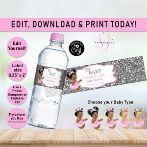 Pink and Silver, Oh Baby Water labels, Princess water bottle label, Girl, Pink, Afro Puffs, Baby Shower, Decorations, Decor Editable A03