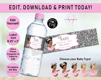 Pink and Silver, Oh Baby Water labels, Princess water bottle label, Girl, Pink, Afro Puffs, Baby Shower, Decorations, Decor Editable A03