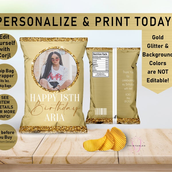 Gold on Gold Glitter ANY AGE Birthday EDITABLE Birthday Chip Bag Wrapper, Favor Bags, Photo Chip, Adult, Sparkle, Glam, Teen, Gold, B37