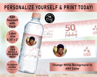 ANY AGE and Fabulous Rose Gold Glitter Birthday EDITABLE water bottle labels, Water Wrapper, Adult, Woman, Sparkle, 50, 60, 70, 80, Y30