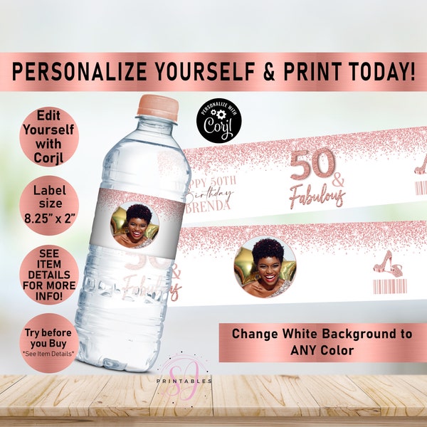 ANY AGE and Fabulous Rose Gold Glitter Birthday EDITABLE water bottle labels, Water Wrapper, Adult, Woman, Sparkle, 50, 60, 70, 80, Y30