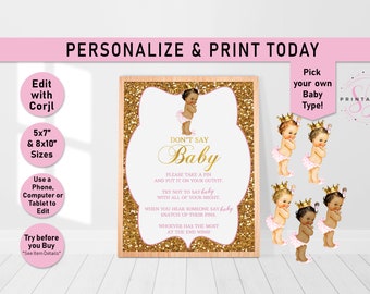 Don't say baby game printable, dont say baby sign, don't say baby baby shower game, Little Princess baby shower games, Pink, Gold, Girl, B01