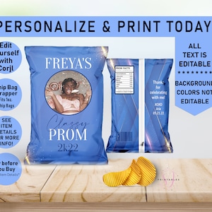 Blue and Gold PROM Chip Bag Wrapper, Prom Favor Bag, Prom Send Off Chip Bag, Prom Party Favor, Editable, Printable, Digital, Teen, P22