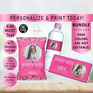 Pink on Pink Glitter BIRTHDAY BUNDLE, Hershey Candy Wrapper, Chip Bag Wrapper, Water Bottle Label, Birthday favors, woman, Any Age, B30