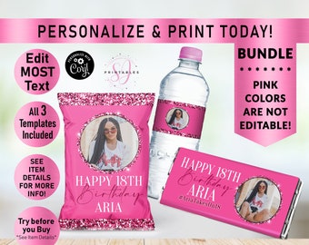 Pink on Pink Glitter BIRTHDAY BUNDLE, Hershey Candy Wrapper, Chip Bag Wrapper, Water Bottle Label, Birthday favors, woman, Any Age, B30