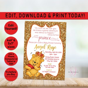 Winnie the Pooh Invitation, Classic Pooh Invitation, Baby Shower Invitation, Pooh, Pooh Bear, Pooh Invitation, Red, Prince, Printable W01
