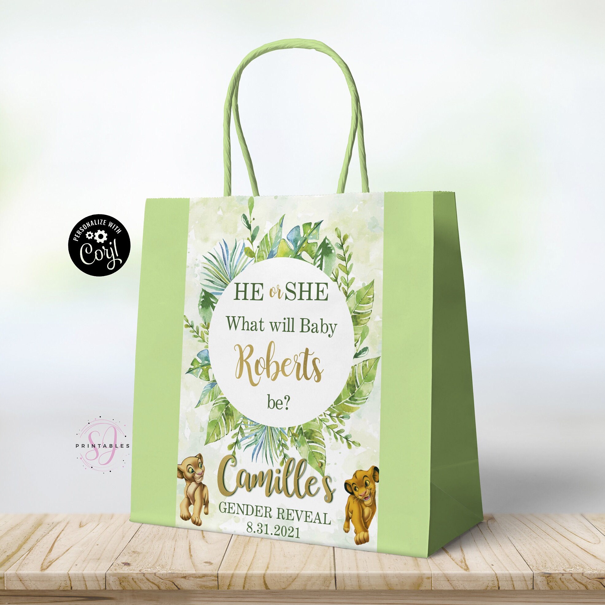 Simba and Nala Gender Reveal Baby Gift Bag Label, Lion King Gender ...
