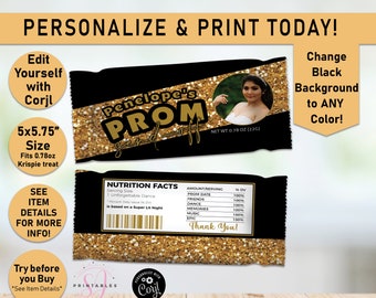 GOLD Glitter and ANY Color Printable Photo Prom Send off Rice Krispie Treats, Rice Krispies, Prom Party, Label, Prom Party send-off, P26