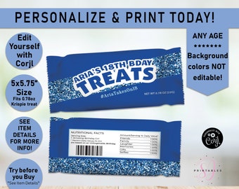 Pode incluir: Um design de embalagem de doces azul com o texto "ARIA'S 18TH BDAY TREATS" e a hashtag #AriaTakesOn18. A embalagem tem 12,7 x 14,6 cm e serve para um doce de 22 g. O design inclui informações nutricionais.