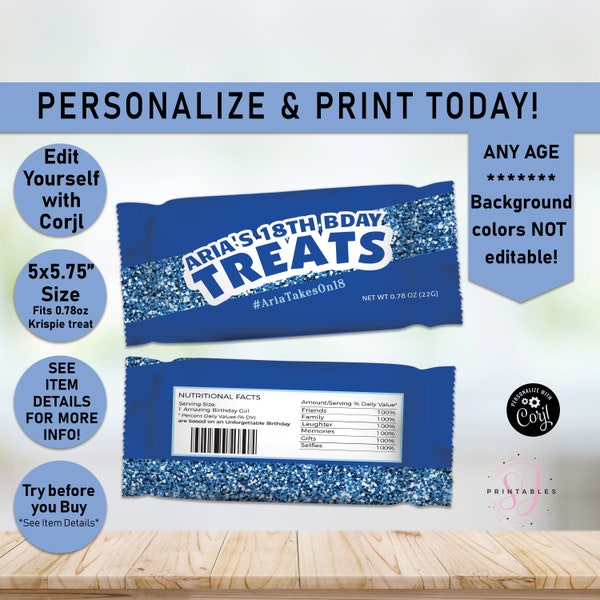 Rice Krispies TREAT labels, Royal Blue on Blue Glitter ANY AGE Birthday Rice Krispie Treats wrapper, Treat Favor, Sparkle, Glam, Teen, B34