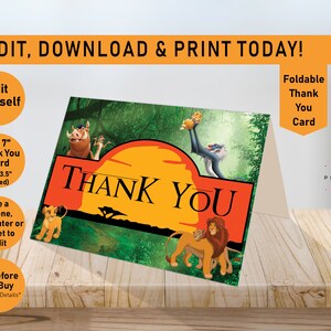 Lion King Jungle Thank You Card Template, Simba, Thank You, The Lion King Foldable Thank You, Printable Card template, Baby Shower, L02
