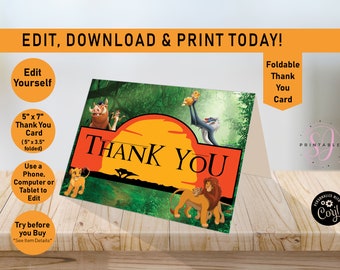 Lion King Jungle Thank You Card Template, Simba, Thank You, The Lion King Foldable Thank You, Printable Card template, Baby Shower, L02