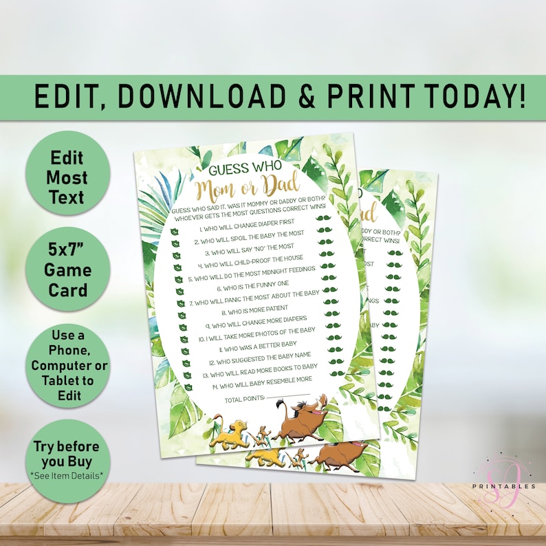 Lion King Printable Editable baby shower games L01 Lion King Baby Shower mom or dad game Lion King Game Simba Guess who mom or dad game