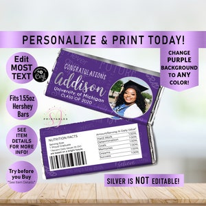 Silver Foil and ANY other COLOR Congratulations Grad Candy Bar Wrapper, Chocolate Wrappers, Class of 2025, Party Favors, Candy, Grad, G37
