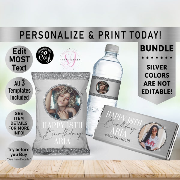 Silver on Silver Glitter BIRTHDAY BUNDLE, Hershey Candy Wrapper, Chip Bag Wrapper, Water Bottle Label, Birthday favors, woman, Any Age, B36