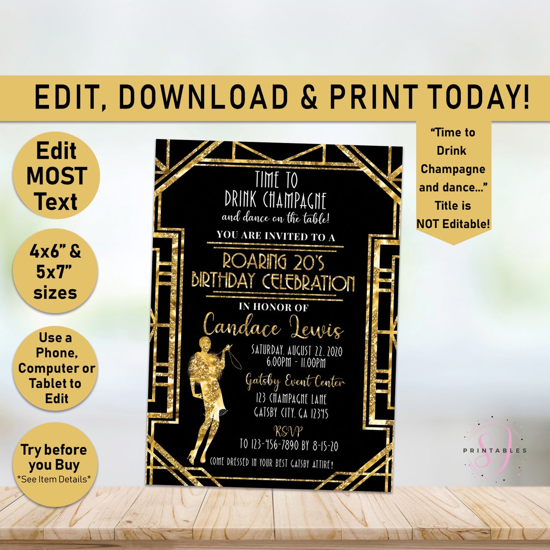 Editable Roaring 20's Birthday Invitation, Great Gatsby Birthday, Art ...