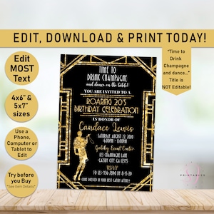 Editable Roaring 20&#39;s Birthday Invitation, Great Gatsby Birthday, Art Deco Birthday, 20th Birthday Invite, Harlem Nights, Black, Gold, B20