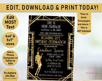 Editable Roaring 20's Birthday Invitation, Great Gatsby Birthday, Art Deco Birthday, 20th Birthday Invite, Harlem Nights, Black, Gold, B20