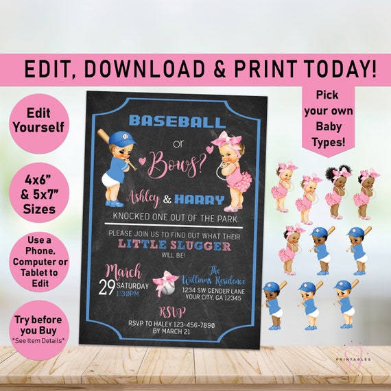 Baseball or Bows Gender Reveal Invitation Digital Printable Etsy