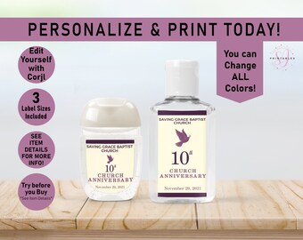 Church Anniversary ANY COLORS EDITABLE Hand Sanitizer Bottle Labels, Hand Sanitizer Labels, Church, Church service, Religious, Printable,CC7