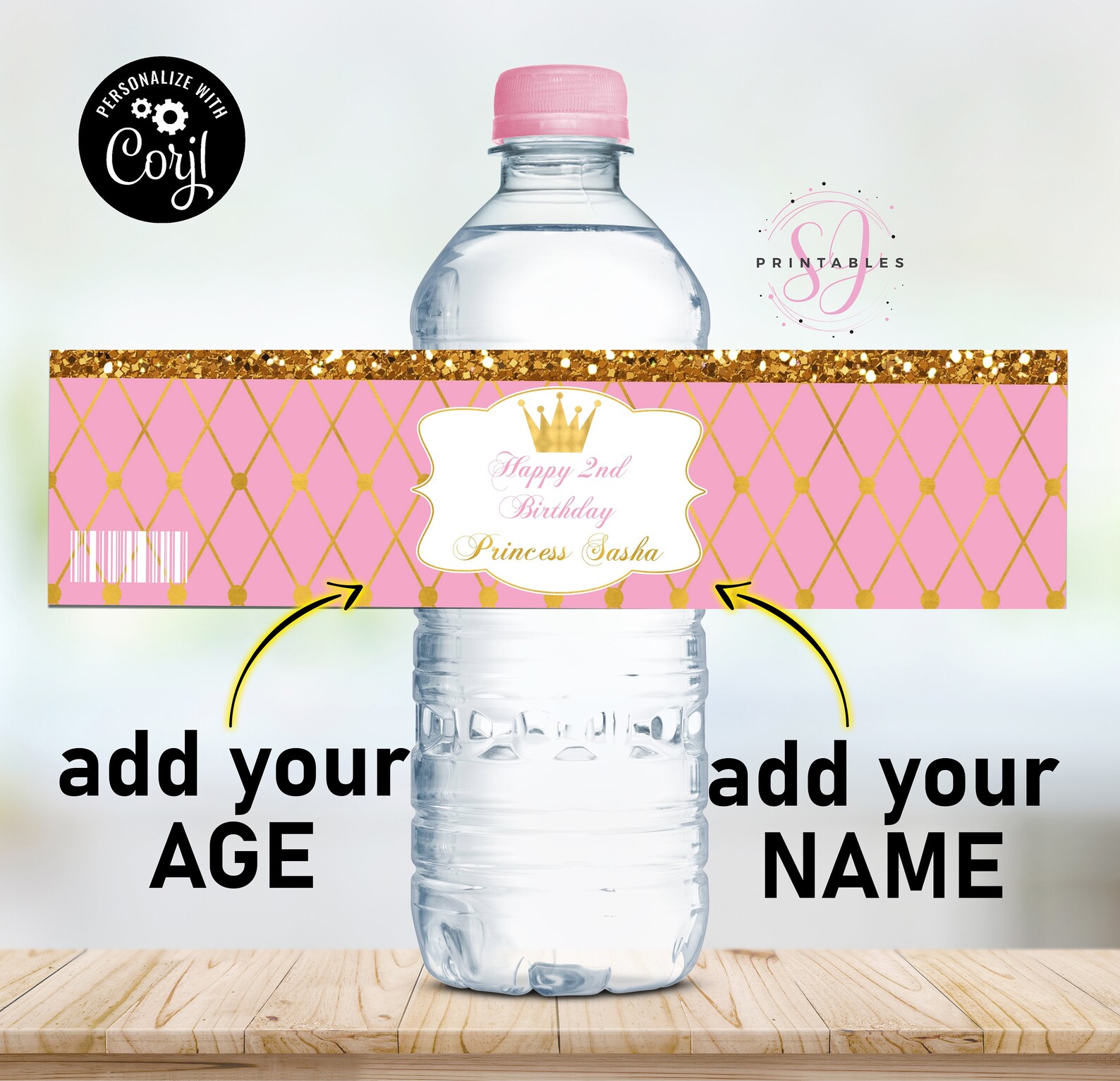 Princess Pink and Gold Water Bottle Labels Water Wrappers | Etsy