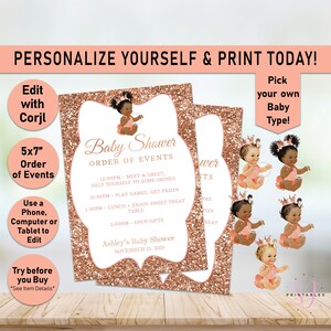 Baby Shower Order of Events Template,Printable Rose Gold Princess Shower Itinerary,Princess Shower,Baby Shower Timeline,Order of Service,A05