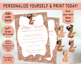 Baby Shower Order of Events Template,Printable Rose Gold Princess Shower Itinerary,Princess Shower,Baby Shower Timeline,Order of Service,A05