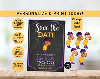Purple Gold Basketball Baby Shower Save the Date Template (Digital Download), R04
