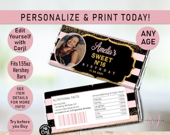 ANY AGE Designer Birthday Hershey Candy Bar Wrappers, Pink black gold, Candy Bar label, Party Favor, Sweet 16, teen, teen party favor, C21