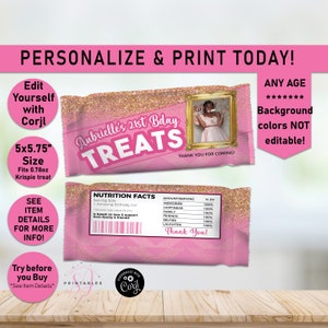 May include: Pink and gold printable treat bag wrapper with the text "Aubrielle's 21st Bday Treats" and a photo of a young woman. The wrapper is designed to fit a 0.78 oz Krispie treat.