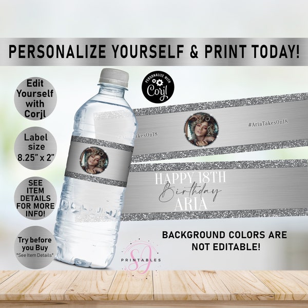 Silver on Silver Glitter ANY AGE Birthday EDITABLE water bottle labels, Water Wrapper, Adult, Woman, Sparkle, Glam, Teen, Printable, B36