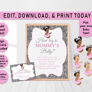 How big is mommy's belly baby shower printable game, Mommy's Belly Sign and Card, baby shower games, Pink, Silver, Princess, Pearls, A03