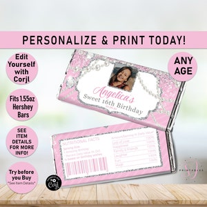 Any Age BIRTHDAY Glitter & Pearls Pink HERSHEY Candy Bar wrapper, Candy Wrapper, Pink, Silver Glitter, Glitz, Glam, Wrappers, Editable, A30