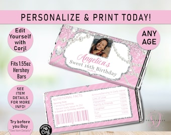 Any Age BIRTHDAY Glitter & Pearls Pink HERSHEY Candy Bar wrapper, Candy Wrapper, Pink, Silver Glitter, Glitz, Glam, Wrappers, Editable, A30