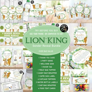 Lion King GENDER REVEAL Bundle Package, candy wrapper, cupcake toppers, Signs,  water bottle Label, chip bag, Simba, Nala, L04