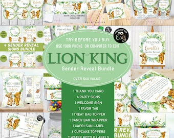 May include: A Lion King themed gender reveal party printable bundle with green and gold accents. The bundle includes a welcome sign, thank you card, party signs, food tent cards, cupcake toppers, treat bag toppers, water bottle labels, and more. The text on the welcome sign reads "Welcome to Camille's Gender Reveal".