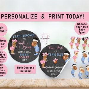 Free Throws or Pink bows Gender Reveal Baby Favor Stickers, Basketball Pink or Blue Stickers, He or She, reveal sticker, Thank You, R05