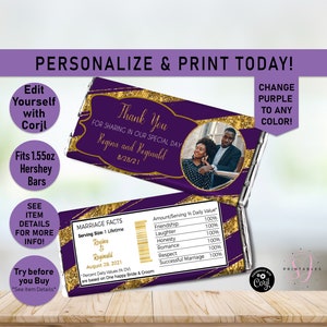 Puede incluir: Envoltorio de barra de chocolate morado y dorado con un mensaje de agradecimiento para Regina y Reginald, una fecha de boda y una foto de una pareja. El envoltorio también incluye una etiqueta de información nutricional con una lista humorística de datos sobre el matrimonio.