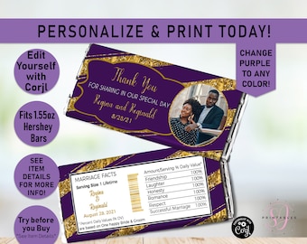 Wedding Chocolate Bar Wrapper Template, Gold Glitter, Change Purple to ANY Color, Candy wrapper, Marriage, Wedding, Bridal Shower, WW15