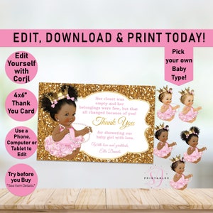 Pink & Gold Princess Flat THANK YOU Card, Princess Card, Baby Girl Princess, Thank You, Baby Shower, Gold Glitter, Thank You Card, A01