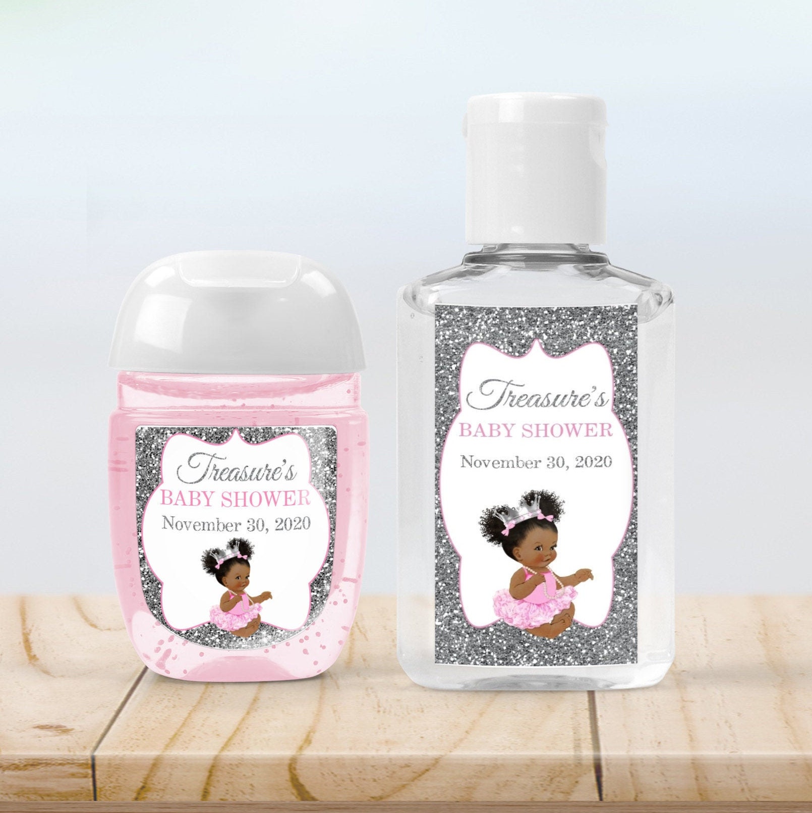 Baby Shower Hand Sanitizer Bottle Label Pink Silver Glitter Etsy