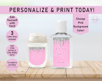 Silver Drip Glitter and ANY COLOR Birthday EDITABLE Hand Sanitizer Bottle Labels,Hand Sanitizer Printable Labels,Sweet 16, Any Age Girl, T19