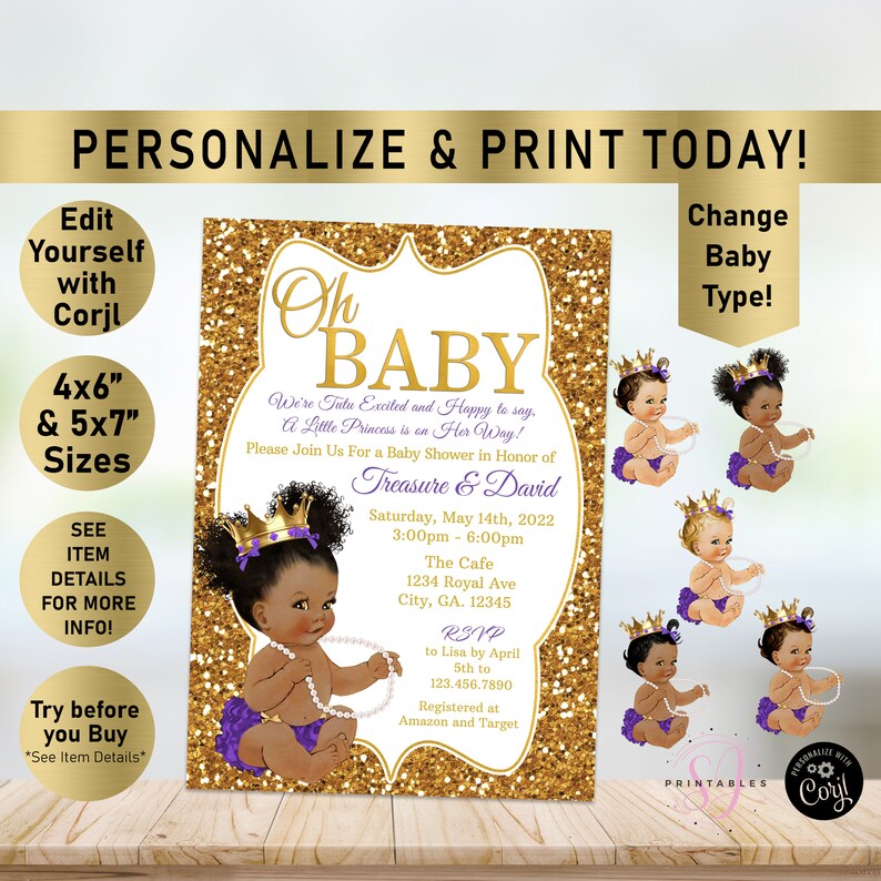 Oh Baby Invite Royal Purple Princess Baby Shower Invitation Little Princess Invite Princess Baby Shower Gold Girl baby invite
