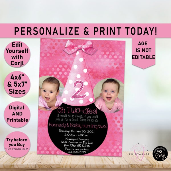 Twins Oh TWOdles Minnie Mouse Birthday Invitation,Minnie Mouse Party,Personalized,Minnie Bday,Editable, Dots,2nd Birthday, Twin, Girls,M16