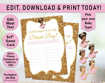What's in the Diaper Bag, Diaper Bag Baby Shower Game, Princess Diaper Guessing Game, Princess games, Activity, Pink, Gold, Girl, Puffs, A01