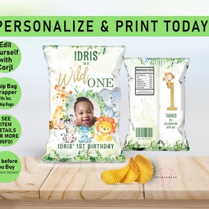 Wild ONE Chip Bag, Wild One birthday Chip Bag Wrapper, Safari Chip, Safari Birthday Chip, First Birthday, Editable Safari Chip Bag Photo,W05